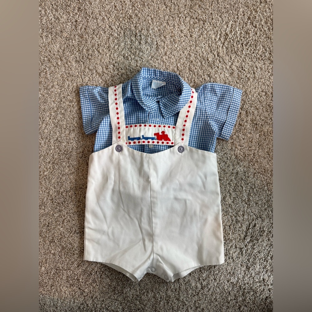 Vintage choo choo train Blue and White Baby Romper with Red Accents